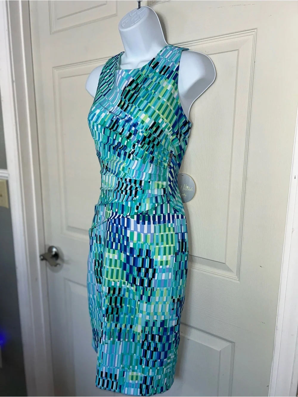 Emma & Michele Aqua, Teal & Blue Geometric Sheath Dress - Picture 1 of 6